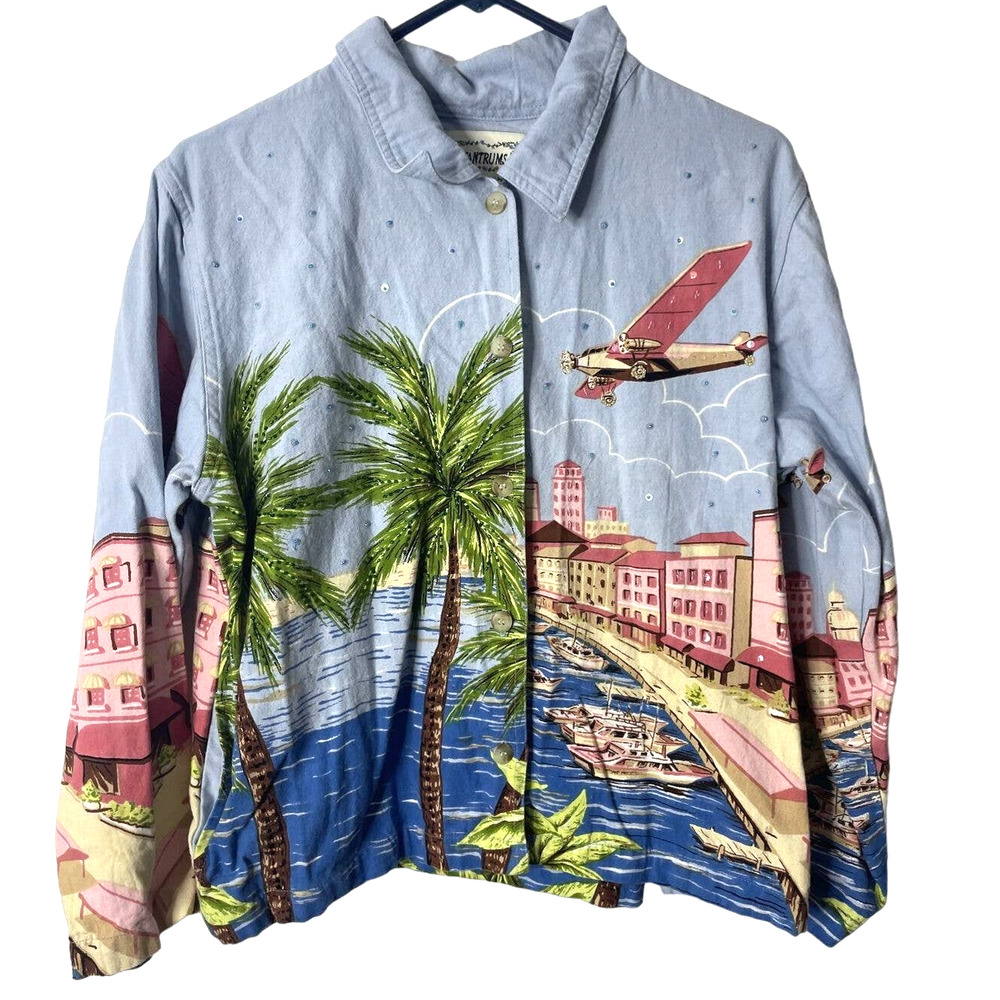 Tantrums Shirt Women M Chambray Beaded Cotton Art To Wear Novelty Hawaiian